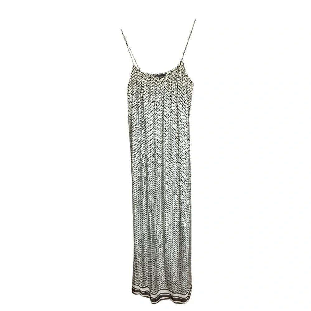 VINCE MAXI 100% SILK DRESS STAR PRINT BORDER CHARCOAL SPAGHETTI STRAP SZ S - Picture 2 of 9